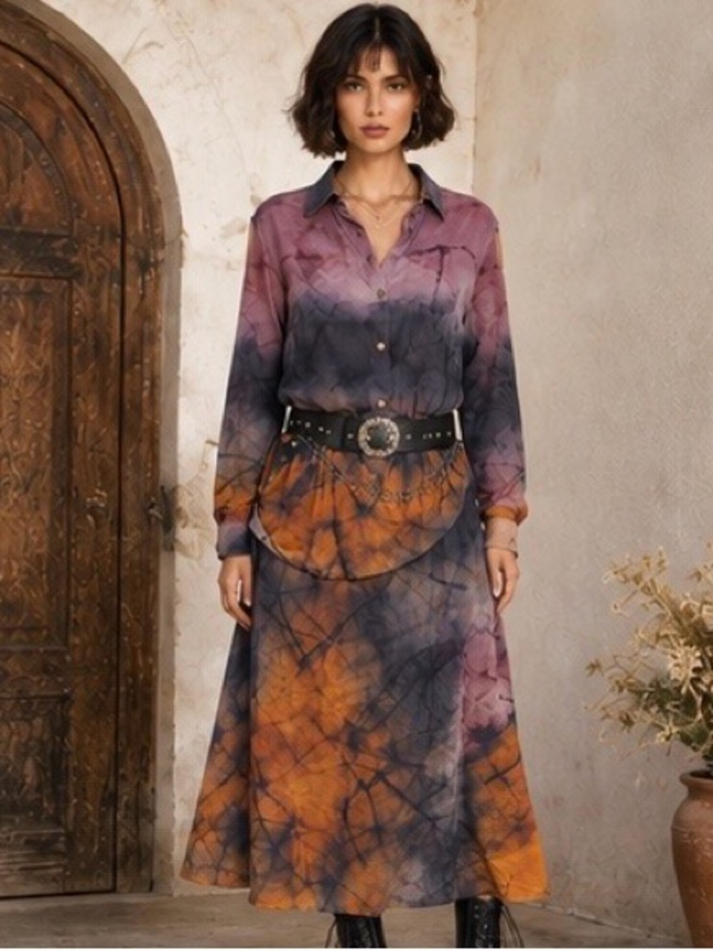 Rare Johnny Was 2-Piece Tie Dye Maxi Skirt & Button Front Blouse Set | Size M
